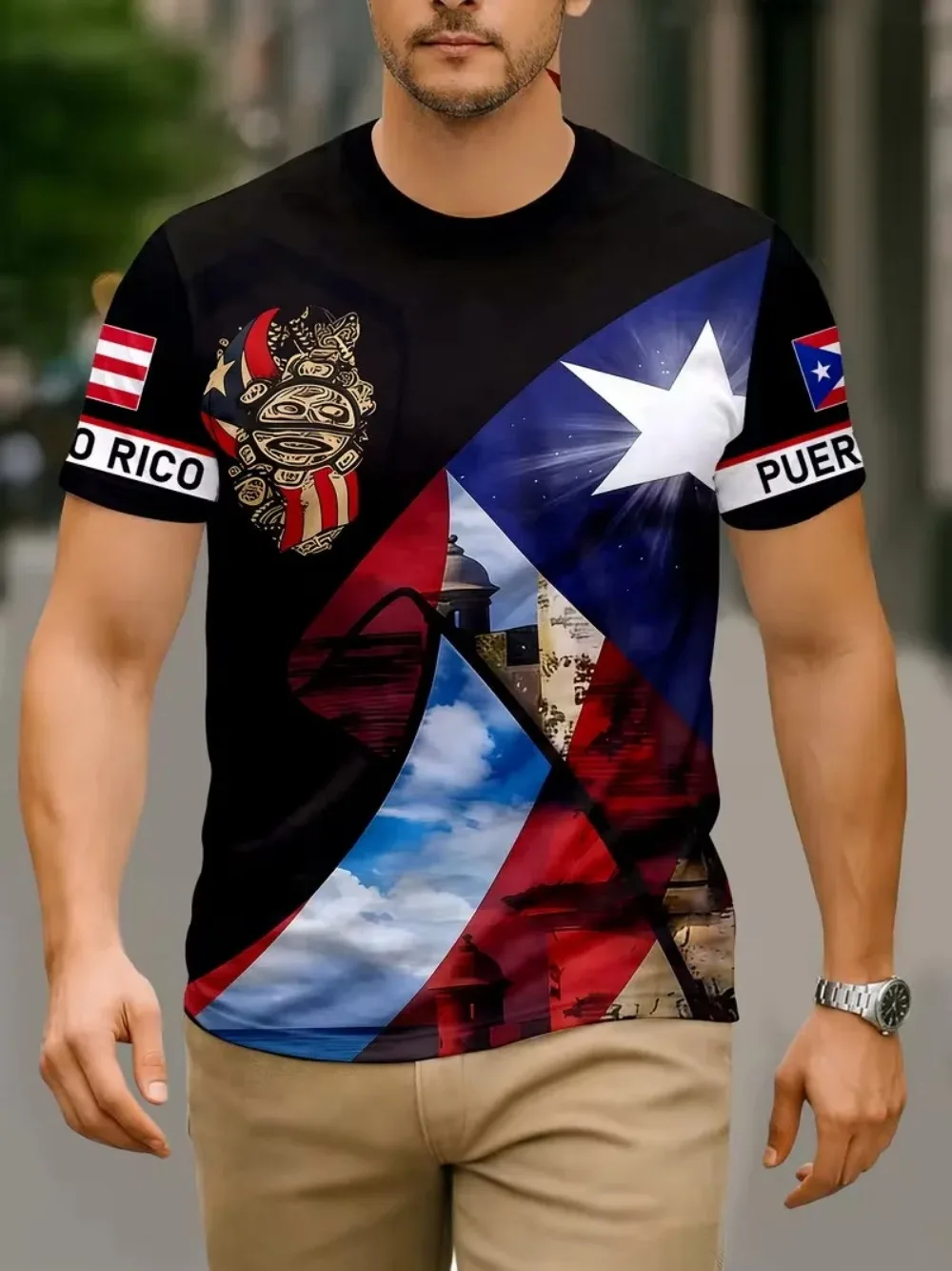 Outdoor Sport Club - เสื้อยืดผู้ชายพิมพ์ลาย 3D แห้งเร็ว ระบายอากาศ ทรงหลวม ลายธงปวยร์โตริโก